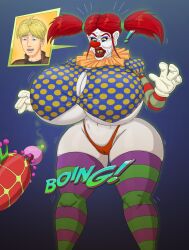 big_breasts bimbo bimbofication breasts cameltoe clown clown_girl clown_makeup clown_nose clown_transformation clownification daisy_(killer_klowns) gender_transformation green_eyes hourglass_figure huge_breasts killer_klown killer_klowns_from_outer_space monster_girl mtf_transformation red_hair saturnxart sharp_teeth striped_legwear thighhighs tight_clothing transformation twintails wide_hips