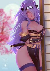 1girls alternate_costume alternate_hairstyle arm_guards bare_thighs breasts camilla_(fire_emblem) camilla_(ninja)_(fire_emblem) choker cleavage collaboration female female_only fire_emblem fire_emblem_fates fire_emblem_heroes fishnet_top fishnets gloves hair_over_one_eye headband highres ihsnet kodachi large_breasts long_hair nail_polish ninja nintendo obi official_alternate_costume official_alternate_hairstyle pink_lips ponytail purple_choker purple_eyes purple_gloves purple_hair purple_nails purple_ribbon purple_rope ribbon ribbon_choker rope sash shimenawa short_sword shuriken_hair_ornament sidelocks solo sword thick_thighs thighhighs thighs very_long_hair watermark weapon wide_hips