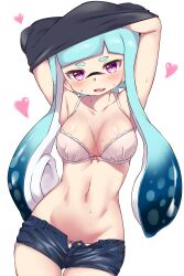 agent_3_(splatoon) blue_hair blushing boobs fit_female hearts_around_head inkling inkling_girl nintendo pengin_maru pink_bra purple_eyes short_shorts splatoon splatoon_(series) stripping sweat tagme tentacles white_panties