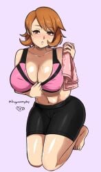 1girls breasts dragonsinmysky fit fit_female light-skinned_female light_skin megami_tensei persona persona_3 short_hair sports_bra sportswear sweat sweaty_breasts sweaty_thighs thighs towel voluptuous yukari_takeba