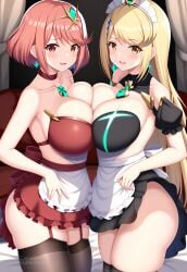 2girls ai_generated ass big_breasts blonde_hair breast_to_breast breasts cleavage core_crystal enmaided female gold_eyes huge_ass huge_breasts large_ass light-skinned_female light_skin long_hair maid maid_headdress maid_outfit massive_breasts mythra nai_diffusion nintendo pyra red_eyes red_hair short_hair short_skirt skindentation skirt slim_waist stable_diffusion symmetrical_docking thick_thighs thighhighs thighs wide_hips xenoblade_(series) xenoblade_chronicles_2 yellow_eyes