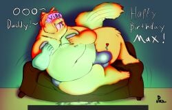 ailurid bodily_fluids broken_furniture bulge clothing dialogue drooling english_text hi_res jackiepancoon male mammal neck_tuft obese obese_male overweight overweight_male pear-shaped_figure red_panda saliva speedo swimwear tail_wiggle text thick_thighs tuft underwear vr_controller vr_headset wide_hips