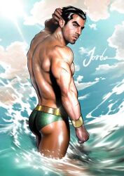 1boy antagonist bangle bara black_panther:_wakanda_forever blue_eyes facial_hair gay hand_behind_head horny human indigenous_north_american_mythology male male_only marvel marvel_cinematic_universe mayan merman mexican mexican_male muscles namor native_american_male nipple ocean pointy_ears scars seductive solo_male speedo swimwear tenoch_huerta underwear wet