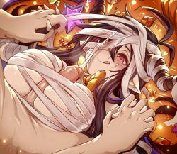 1boy 1girls :q bandages bow bowtie breasts cum danua danua_(granblue_fantasy) draph draph_race_(granblue_fantasy) ejaculation facial fangs female gran_(granblue_fantasy) granblue_fantasy heart holding_hands horn_ornament horns large_breasts light-skinned_female light-skinned_male light_skin long_hair merunyaa paizuri penis pointy_ears skindentation star_(symbol) straight teeth tongue tongue_out upper_teeth