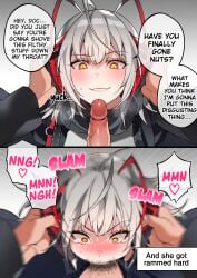 1girls amber_eyes arknights bechu deepthroat doctor_(arknights) english_text forced_oral oral silver_hair surprised tagme w_(arknights)