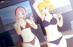 2girls big_breasts blonde_hair blush boruto:_naruto_next_generations bra breast_size_difference breasts curvaceous female female_only green_eyes hokage_office indoors inviting inviting_to_sex koikatsu lingerie long_hair looking_at_viewer mature mature_female midriff milf multiple_girls naruto naruto_(series) office one_eye_closed open_mouth open_smile otsukira panties pink_hair quad_tails sakura_haruno small_breasts smile take_your_pick temari tied_hair underwear wide_hips wink