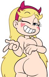 1girls ass big_breasts blonde_hair blue_eyes female horns ilpanza long_hair looking_at_viewer nude smile star_butterfly star_vs_the_forces_of_evil transparent_background wink