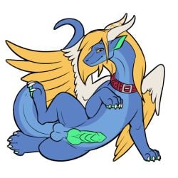 blue_body collar dragon feathered_wings feathers genitals horn knot male mane penis solo symrea telegram_sticker wings yellow_eyes