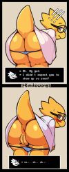 !!! absurd_res alphys anthro anus ass big_butt blue_clothing blue_panties blue_underwear blush bottomless caught clothed clothing comic dialogue duo english_text female genitals hi_res kimikowong7 monster nervous panties panties_down partially_clothed presenting pussy shy simple_background tail text undertale undertale_(series) underwear underwear_down upskirt