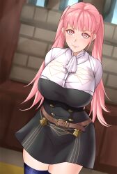 1girls arms_behind_back bangs bare_thighs breasts female female_only fire_emblem fire_emblem:_three_houses garreg_mach_monastery_uniform hilda_valentine_goneril huge_breasts indoors kahun9893 long_hair nintendo pink_eyes pink_hair skirt smile solo thick_thighs thighhighs thighs twintails very_long_hair