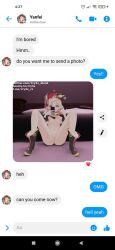 1boy 1girls aether_(genshin_impact) aqua_eyes boots breasts chat cry3x female genshin_impact hair long_hair male_pov message phone pink porkpie_hat pussy pussy_juice selfie solo spread_legs yanfei_(genshin_impact)