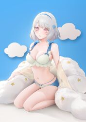 1girls absurdres albino blue_background blue_hairband blush breasts cleavage cloud female female_focus female_only hairband highres light-skinned_female looking_at_viewer medium_breasts nacchan_(ohisashiburi) navel ohisashiburi original original_character pink_eyes seiza short_hair sitting solo