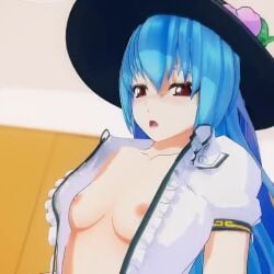 1girls 3d animated blue_hair bouncing_breasts female mofumoko5 necoi necoi5 no_sound open_shirt tagme tenshi_hinanawi touhou video