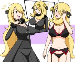 1girls black_bra black_eyes black_garter_belt black_garter_straps black_lingerie black_panties black_pants black_shirt blonde_hair bow_bra bow_panties bra breasts cleavage clothed clothed_female collar cynthia_(pokemon) fur_collar garter_belt garter_straps hair_ornament hair_over_one_eye hand_on_head hypnosis hypnotizing lace lace-trimmed_bra lace-trimmed_panties lace_trim lace_trimmed_lingerie large_breasts lingerie long_hair midriff mind_control navel nintendo open_mouth panties pants pendulum pokemon pokemon_dppt shirt sortish-kinda tongue tongue_out