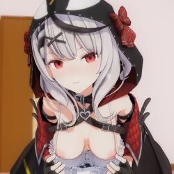 3d animated areolae breasts female female_only hololive hololive_japan holox hood light-skinned_female light_skin mofumoko5 necoi necoi5 nipples no_sound red_eyes sakamata_chloe silver_hair solo tagme teasing video virtual_youtuber