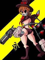 ass facebook female from_behind hat headwear holding holding_gun holding_object inkrait pale-skinned_female pale_skin panties peacock_(skullgirls) skullgirls solo watermark