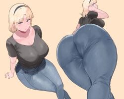 1girls big_ass big_breasts big_butt blonde_girl_(okpriko) blonde_hair blue_eyes clothed dat_ass female_only high-angle_view huge_ass jeans legs_crossed looking_at_viewer low-angle_view okpriko original parted_lips short_hair sitting solo solo_female solo_focus tagme thick_ass thick_thighs wide_hips