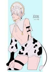 1boy albino belly_button bikini bishonen blonde_hair blue_body blue_eyes blush cow_bikini cow_boy cow_ears cow_horns cow_print cow_print_bikini crossdressing effeminate embarrassed femboy femboy_only girly jujutsu_kaisen light-skinned_male light_skin looking_at_viewer male male_focus male_only meiyou milk milk_bottle satoru_gojo short_hair simple_background solo solo_focus sweat tail testicles trap twink white_eyelashes white_hair