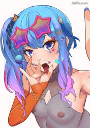 blowjob_face blowjob_gesture decora fellatio_gesture grimkopi18 grimteacups gyaru hair_ornament hairclip hololive hoshimachi_suisei see-through star_(symbol) star_glasses suggestive_gesture virtual_youtuber