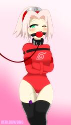 1girls ball_gag black_socks bondage breasts collar drool egg_vibrator gag gagged green_eyes hairband leash leotard looking_at_viewer medium_breasts naruto naruto_(series) ninja ninja_headband one_eye_closed open_mouth pink_hair red_leotard red_straitjacket sakura_haruno short_hair socks straitjacket thigh_socks thighhighs verloxwong vibrator vibrator_cord vibrator_in_thighhighs vibrator_under_clothes