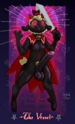 anthro bell big_penis bovid caprine cult_of_the_lamb dark_body dark_skin demon demonic_eyes genitals guttahpup hi_res lamb_(cult_of_the_lamb) magic male mammal melee_weapon penis possession red_crown_(cult_of_the_lamb) sheep solo sword weapon