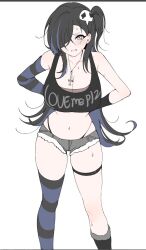 1girls big_breasts black_hair blush breasts cleavage clothes_writing clothing goth goth_girl looking_at_viewer midriff necklace oh_(aung_ae) original pale-skinned_female pale_skin shorts stripes tank_top thighhighs