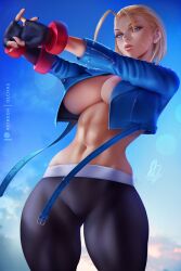 1girls abs alternate_version_available artist_logo artist_signature belly big_breasts black_legs black_legwear blonde_hair blue_eyes blue_jacket breasts cammy_white capcom daytime female fighter fit fit_female inner_sideboob jacket looking_at_viewer no_bra olchas pale-skinned_female seductive short_hair sky solo standing street_fighter street_fighter_6 video_game_character