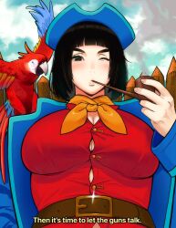 5_fingers aa2mee animal belt big_breasts black_hair blue_coat blush blushing blushing_at_viewer brown_belt buttoned_shirt clothed cloud colored english_text female_only female_pirate hair holding_object john_silver large_breasts literature long_hair looking_at_viewer looking_down neck_ribbon one_eye_closed one_eye_open orange_ribbon parrot pirate pirate_hat public_domain red_shirt return_to_treasure_island ribbon rule_63 skin sky smoke smoking_pipe solo solo_female solo_focus text treasure_island white_body white_skin wooden_fence