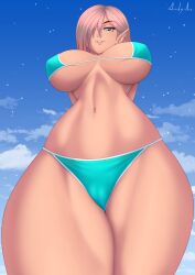 1girls bikini blue_eyes elf elf_ears hair_over_one_eye hourglass_figure large_breasts looking_at_viewer looking_down original original_character pink_hair pointy_ears rocky-ace thick_thighs underboob viewed_from_below voluptuous