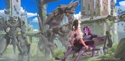 absurd_res anthro bat bench bodysuit chiropteran clothing dragon duo female gun hi_res machine male male/female mammal mecha obscured_penetration okata original original_character original_characters ranged_weapon ruins scalie sex skinsuit tight_clothing water_bottle weapon