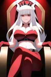 ai_generated bare_shoulders belt collar crossed_legs crown evil_eyes evil_smile helltaker horns long_hair lucifer_(helltaker) midriff nai_diffusion red_eyes red_gloves red_pants red_strapless sitting stable_diffusion strapless throne white_hair white_skin