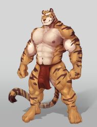 absurd_res anthro areola barazoku biped bladetiger bottomwear bulge clothing countershade_face countershade_fur countershade_torso countershading felid fur genital_outline hi_res loincloth loincloth_only male mammal muscular muscular_anthro muscular_male nipples pantherine penis_outline solo striped_body striped_fur stripes tiger