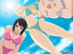 1animal 2girls age_difference alternate_breast_size argenilo23 beach bent_over bikini black_hair blonde_hair blue_sky breasts busty cleavage female_only from_below hair_down human lipstick looking_at_viewer looking_down loose_hair makeup mature mature_female midriff multiple_girls naruto naruto_(classic) naruto_(series) naruto_shippuden necklace older_female outdoors pearl_necklace pig shizune standing sunlight swimsuit teacher_and_student thick_thighs tonton tsunade underboob viewed_from_below voluptuous younger_female