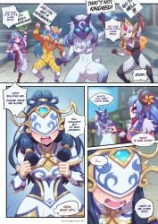 ambiguous_gender blue_hair blush comic comic_page comic_panel english_text infernal_series kindred lamb_(league_of_legends) league_of_legends long_hair lunar_new_year lunar_revel_series mask page_1 page_number porcelain_kindred riot_games shadowfire_kindred spirit_blossom_kindred spirit_blossom_series strongbana super_galaxy_kindred super_galaxy_series