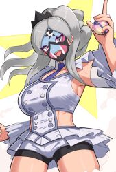 1girls abs big_breasts buttons clothed curvaceous eri_(pokemon) face_paint female female_only gonzarez gray_eyes gray_hair heal_ball large_breasts long_hair makeup miniskirt muscles nintendo no_bra pokeball pokemon pokemon_sv sideboob signature silver_eyes silver_hair solo tagme team_star thick thick_thighs tiara tight_clothing wide_hips