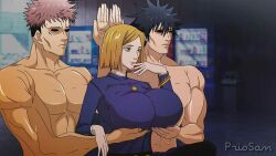 1girls 2boys abs bed big_breasts buff female female_focus funny fushiguro_megumi gigantic_breasts holding_breast horny_male huge_breasts itadori_yuuji jujutsu_kaisen kugisaki_nobara male/female manly meme muscular muscular_male prio_san servants_holding_aphrodite's_breasts_(meme) straight