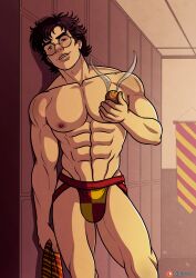 1boy abs athletic athletic_male brown_hair front_view glasses gryffindor gryffindor_banner harry_james_potter harry_potter human human_only jockstrap kappax locker_room male male_only muscular quidditch quidditch_changing_room snitch solo solo_male standing topless topless_male underwear