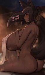 1girls animal_ears ass breasts brown_hair brown_skin dark-skinned_female dark_skin dialogue english_text female gigantic_breasts hot_spring huge_ass huge_breasts hyper_breasts kemonomimi large_breasts long_hair massive_breasts original_character outdoors red_eyes roresu sideboob tail text tied_hair towel towel_only