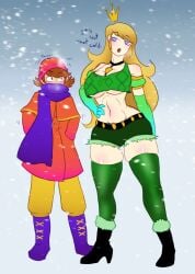 a_hat_in_time aspenofsimpcon big_breasts blonde_hair crown long_hair prince_(ahit) queen_vanessa queen_vanessa_(ahit) shivering shorts snow taller_girl underboob wide_hips