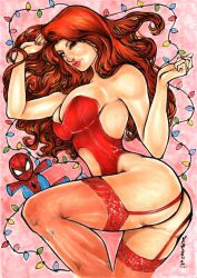 1girls 2022 ass big_breasts breasts christmas ed_benes_studio garter_straps high_resolution highres kaloy_costa_(artist) lingerie long_hair marvel marvel_comics mary_jane_watson on_bed red_eyebrows red_garter_straps red_hair red_lingerie red_thighhighs sideboob spider-man_(series) tagme thighhighs wink winking winking_at_viewer