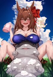 1girls :d ambiguous_gender arms_up bath big_breasts blue_swimsuit bow clodsire closed_eyes clouds cute daiwa_scarlet_(umamusume) dooh duo female grass holding_bottle holding_object huge_breasts open_mouth pokemon red_bow sitting soap soap_bubbles soapy soapy_bubbles sweat sweating swimsuit tabunshake umamusume umamusume_pretty_derby washing wholesome