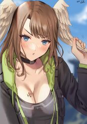 1girls absurd_res asymmetrical_bangs bangs black_bodysuit black_jacket black_tank_top blue_eyes blue_sky blush bodysuit breast_tattoo breasts brown_hair choker cleavage eunie_(xenoblade) female female_only green_hoodie highres holding hoodie jacket large_breasts long_hair nintendo open_mouth oyasu_(kinakoyamamori) sky solo tank_top wings xenoblade_(series) xenoblade_chronicles_3