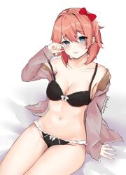 1girls black_bra black_panties blue_eyes blush bow bra doki_doki_literature_club eyebrows_visible_through_hair female just_sayori kamisato_yuu light-skinned_female light_skin looking_at_viewer orange_hair panties pov pov_eye_contact red_bow sayori_(doki_doki_literature_club) school_uniform solo uniform