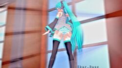 3d ass blue_hair female hatsune_miku no_pants panties pantyshot shimapan skar_base striped_panties underwear upskirt vocaloid