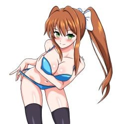 1girls blue_bra blue_panties blush blush bow bra brown_hair doki_doki_literature_club female green_eyes kun_kaiss looking_at_viewer monika_(doki_doki_literature_club) panties ponytail smile smiling smiling_at_viewer solo white_background white_bow