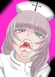 1girls blue_eyes call_of_the_night cum_in_mouth facial nanakusa_nazuna nurse_uniform open_mouth pemuraa pubic_hair pubic_hair_in_mouth stray_pubic_hair vampire white_hair yofukashi_no_uta