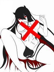 black_hair breast_grab breasts censored color demon_horns demon_tail female female_only horns i'm_the_grim_reaper jfw jfw_(artist) long_hair looking_at_viewer red_eyes red_hair scarlet_(i'm_the_grim_reaper) scars simple_background simple_coloring tail thick_thighs thighs vi_drawing vi_drawing_(artist) webtoon white_background x