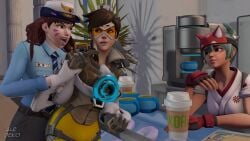 3d 3girls aledeko blizzard_entertainment d.va female_only kiriko_(overwatch) overwatch overwatch_2 police_officer_d.va police_uniform tagme tracer