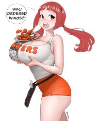 aki-chan_(dismaiden) big_ass big_breasts chicken_wings cleavage dismaiden female female_only holding_up_breasts hooters hooters_uniform short_shorts skimpy