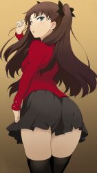 ass black_legwear black_ribbon black_skirt black_thighhighs blue_eyes brown_hair clothing cute_face fate/stay_night fate_(series) female female legwear long_hair pose red_sweater ribbon skirt sweater thighhighs tohsaka_rin